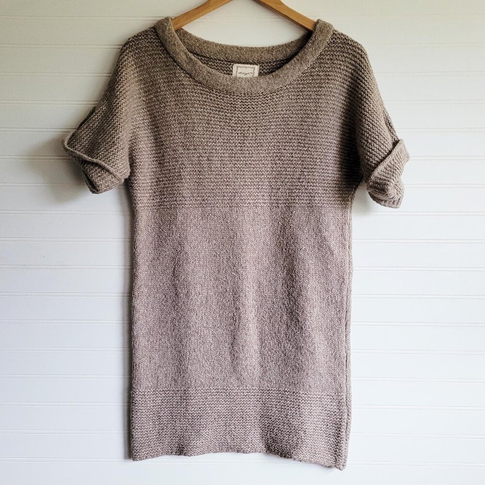 Anthropologie Kenji Sweater Womens Medium Beige Short Sleeve Roll Sleeve Long